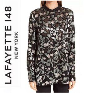 Lafayette 148 NY Brayden Floral Burnout Sheer Blouse Size Medium Black